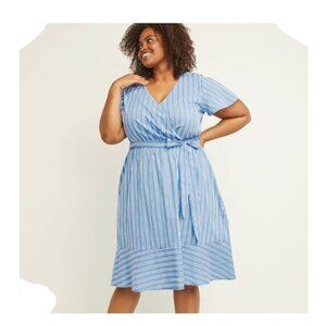 Lane Bryant NWT 28W Faux Wrap Striped Blue Dress Belted Midi Flirty Flowy